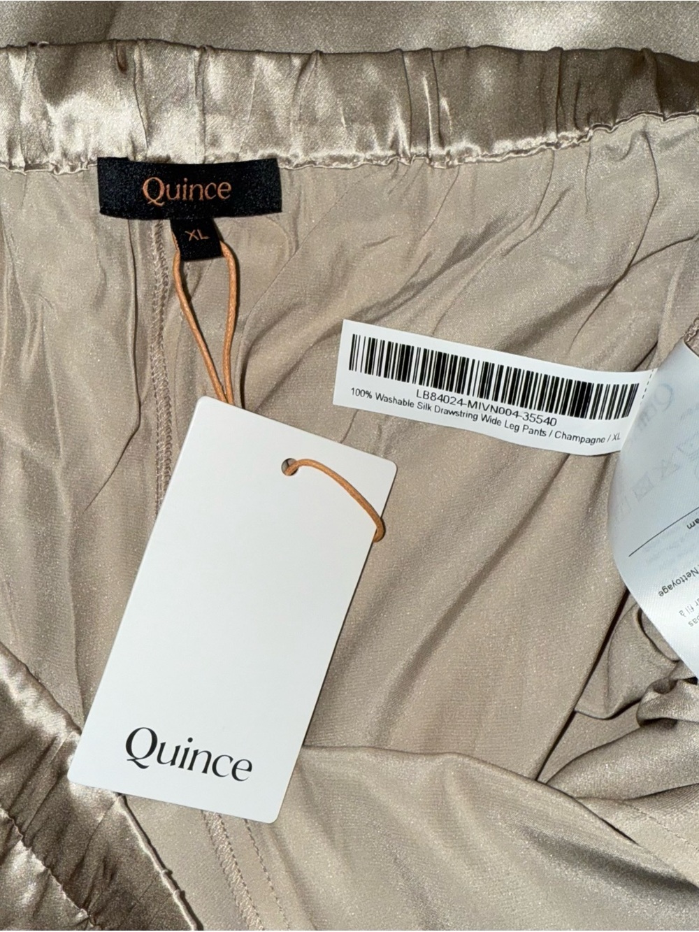 QUINCE 100% WASHABLE SILK DRAWSTRING WIDE LEG PANTS IN CHAMPAGNE - Picture 4 of 12
